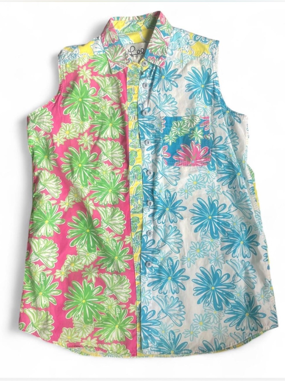 Vintage Lilly Pulitzer sleeveless split-print floral button-front blouse
